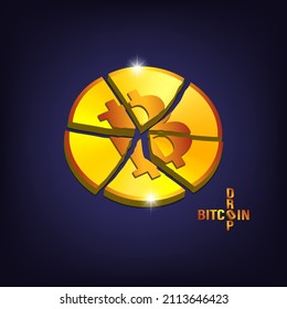 The drop of bitcoin. Volumetric 3D symbolic gold coin broken into several parts on a dark background