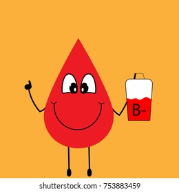 drop of blood with a donation sack in the hand with the name of the blood type, B negative. Vector, illustration.