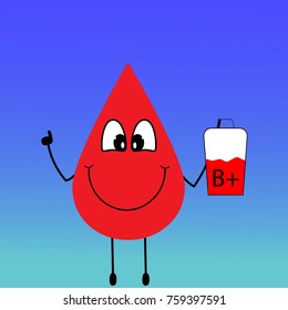 drop of blood with a donation sack in the hand with the name of the blood type, B positive. Vector, illustration.