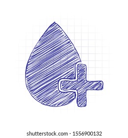 Drop Of Blood And Medical Cross. Simple Icon. Hand Drawn Sketched Picture With Scribble Fill. Blue Ink. Doodle On White Background