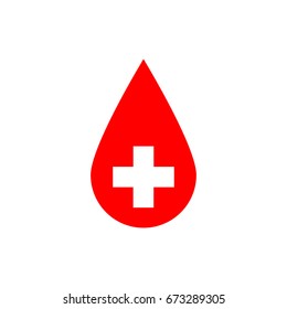 Drop of blood. Red vector illustration with white corss sign. Symbol of blood donation.