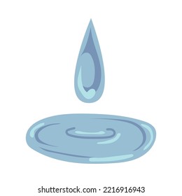 Drop of blue water falling into puddle flat vector illustration. Simple droplet of sweat, rain or tear from crying isolated on white background. Emotions, nature concept for graphic design