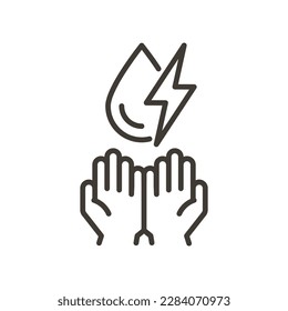 Drop and bolt symbols with hands. Vector thin line icon linear stroke outline illustration. Electricity and water, renewable energies or supplement concepts