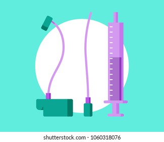 Drop bottle pipes and purple colored syringe on green background.