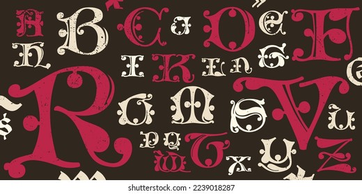 Drop cap alphabet set. Illuminated initials in old blackletter German style. All you need to precisely imitate medieval text. Decorative element for the beginning of a paragraph or section.