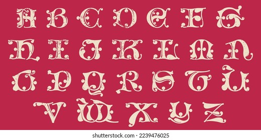Drop cap alphabet set. Illuminated initials in old blackletter German style. All you need to precisely imitate medieval text. Decorative element for the beginning of a paragraph or section. - Shutterstock ID 2239476025
