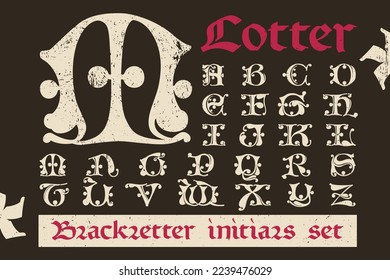 Drop cap alphabet set. Illuminated initials in old blackletter German style. All you need to precisely imitate medieval text. Decorative element for the beginning of a paragraph or section.