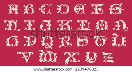 Drop cap alphabet set. Illuminated initials in old blackletter German style. All you need to precisely imitate medieval text. Decorative element for the beginning of a paragraph or section.
