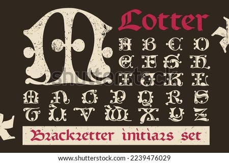 Drop cap alphabet set. Illuminated initials in old blackletter German style. All you need to precisely imitate medieval text. Decorative element for the beginning of a paragraph or section.