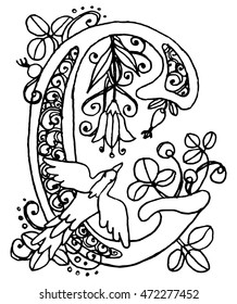 Drop cap with floral ornaments and decorated elements of plants, berries. Vector illustration print pattern for wedding monogram on invitation cards, initials, logo, coloring book for kids or adults