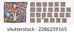 Drop caps alphabet with interlaced white vine and gilding calligraphy elements. Renaissance initial emblems. Medieval dim colored fancy luxury icon based on Ottonian and Romanesque.