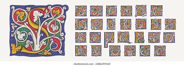 Drop caps alphabet with interlaced white vine and gilding calligraphy elements. Renaissance initial emblems. Medieval dim colored fancy luxury icon based on Ottonian and Romanesque.