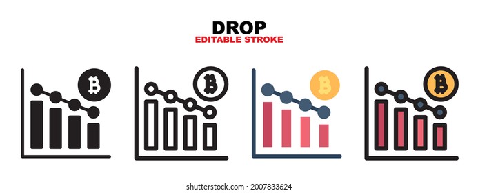 Drop chart bitcoin icon with cryptocurrency collection. Icons are designed in full color, outline, flat, glyphs and lines. Perfectly editable strokes and pixels. Can use for web, mobile, ui and more.