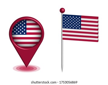 ablegen und eine Nadel mit der amerikanischen Flagge, um auf der Karte der Vereinigten Staaten anzugeben. GPS-Navigation. Einzige Vektorgrafik auf weißem Hintergrund