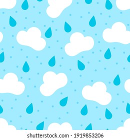 Drop and cloud seamless pattern on blue background. Vector colorful pattern. Weather forecast concept. World Earth day icon. Summer season.