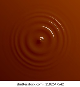 Drop Of Coffee Or Melted Chocolate Falling Down And Creating Round Ripples With A Swirl. Top View. Vector Illustration