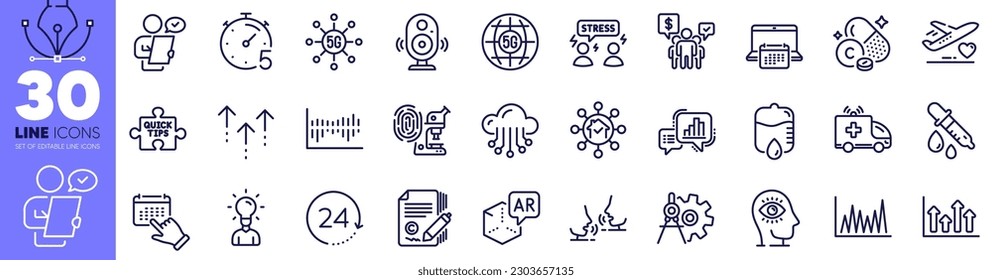 Drop-Theke, 5g-Technologie und Quick-Tipps Linie Icons Pack. Medizinischer Flug, Timer, Ambulanz Auto-Web-Icon. Wischen Sie auf, Kalender, Augmented Reality Piktogramm. Schwieriger Stress. Vektorgrafik