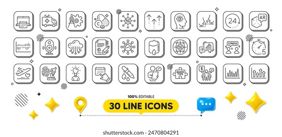 Drop counter, 5g technology and Quick tips line icons pack. 3d design elements. Medical flight, Timer, Ambulance car web icon. Swipe up, Calendar, Augmented reality pictogram. Difficult stress. Vector