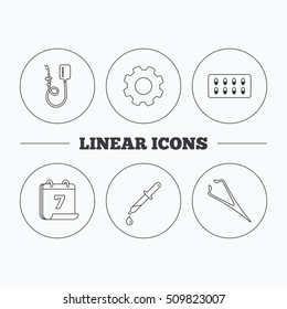 Drop counter, capsules and pipette icons. Eyebrow tweezers linear sign. Flat cogwheel and calendar symbols. Linear icons in circle buttons. Vector