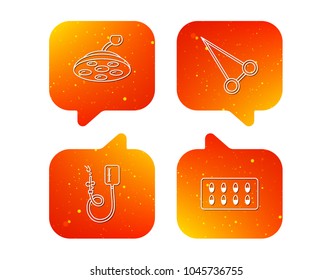 Drop counter, capsules and surgical lamp icons. Peans forceps linear sign. Orange Speech bubbles with icons set. Soft color gradient chat symbols. Vector