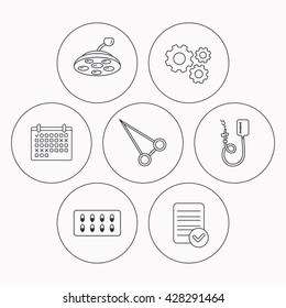 Drop counter, capsules and surgical lamp icons. Peans forceps linear sign. Check file, calendar and cogwheel icons. Vector