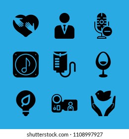 drop counter, dove of peace, chair, music file, manager, camcorder, light bulb, shaking hands inside a heart and microphone vector icon. Simple icons set