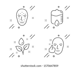 Drop counter, Face biometrics and Plants watering line icons set. Healthy face sign. Medical equipment, Facial recognition, Water drop. Healthy cosmetics. Healthcare set. Vector