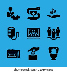 drop counter, group, laptop, alms, make a donation, strategic, recorder, toilet and pharmacy vector icon. Simple icons set