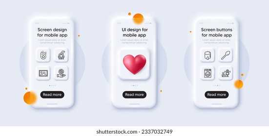 Drop counter, Laundry and Loyalty star line icons pack. 3d phone mockups with heart. Glass smartphone screen. Safe planet, Photo, Podcast web icon. Friendship, Spoon pictogram. Vector