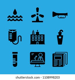 drop counter, umbrella stand, trumpet, water, test tube, windmill, building, newspaper and television vector icon. Simple icons set