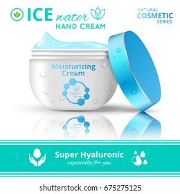 Drop cream cosmetics conceptual composition with moisturizing gel in twist off packaging and editable ad captions vector illustration