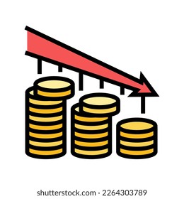 Dropdown fallen Trend Goldmünzen Farbe Symbol Vektorgrafik. Rückgang rückläufig Trend Goldmünzen Zeichen. einzelne Symbolillustration