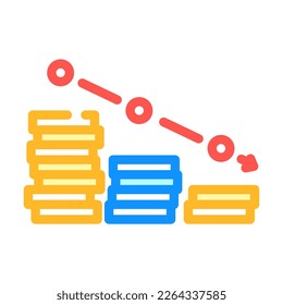 drop decline fall trend gold coin color icon vector. drop decline fall trend gold coin sign. isolated symbol illustration
