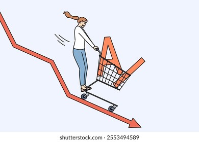 Drop in demand for AI caused by crisis is demonstrated by woman going down chart, holding supermarket cart. Technological crisis and problems of artificial intelligence negatively affect use of AI