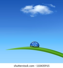 Drop of dew on the grass on a blue background and clouds