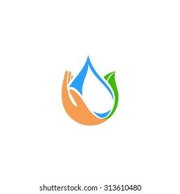 A Drop Of Dew Or Rain. Pure Water From The Source. Hand And Leaf Vector Logo.