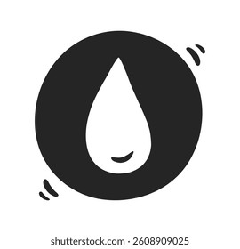 Drop doodle water sweat tear hand drawn vector icon. Bold black circle with a stylized water droplet in the center and playful motion lines. Modern minimal design suitable for eco concepts, hydration