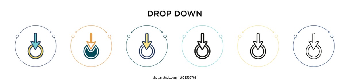 Drop down icon in filled, thin line, outline and stroke style. Vector illustration of two colored and black drop down vector icons designs can be used for mobile, ui, web