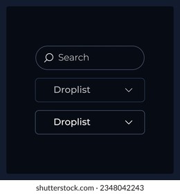 Drop down list UI elements kit. Search information isolated vector components. Flat navigation menus and interface buttons template. Dark theme web design widget collection for mobile application