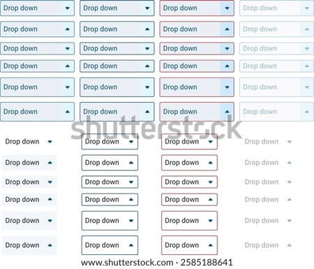 Drop down menu icon on white background. List bar. Navigation element. Arrow, show more, less. Web ui for apps. Colored flat design. Vector illustration.