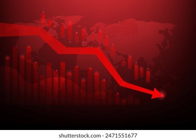 Drop down red arrow business market crisis on world map red dark background. Crisis economy and investment loss graph. vector illustration fantastic design.