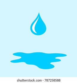 Drop and droplet is falling during rain. Puddle of water on the ground. Vector illustration  