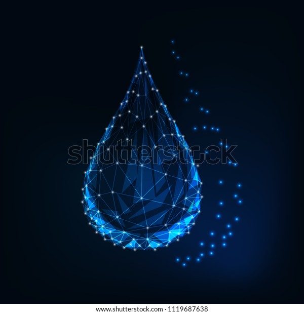 Drop, droplet of\
water, oil or cosmetics on abstract fututristic starry sky\
background. Lines, dots, triangles, low poly polygonal wireframe\
design. Vector illustration.\
