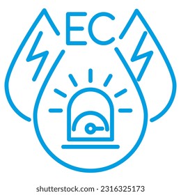 Drop with electricity symbol and risk scale inside. Linear vector icon of the signaling of a high level of electrical conductivity of the liquid. Water quality blue pictogram with thin lines