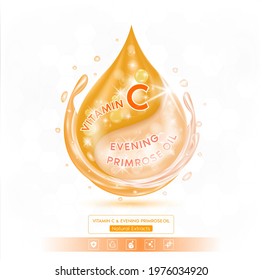 Drop evening primrose oil solution serum and orange vitamin C. On white background. Hyaluronic acid skin care ad. 3D Realistic Vector EPS10.