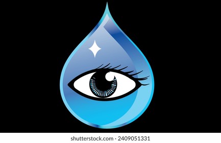 DROP EYE.Lubricated eye. ophthalmology.Vector illustration of bioinfographics with human eye in transparent style. Medicine and biochemistry concept. Keep your body healthy