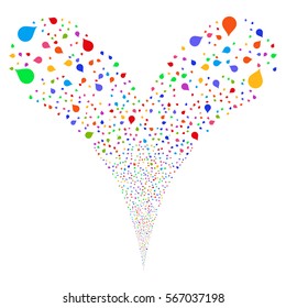 Drop fireworks stream. Vector illustration style is flat bright multicolored iconic symbols on a white background. Object double fountain constructed from random symbols.