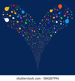Drop fireworks stream. Vector illustration style is flat bright multicolored iconic symbols on a blue background. Object double fountain created from random pictograms.