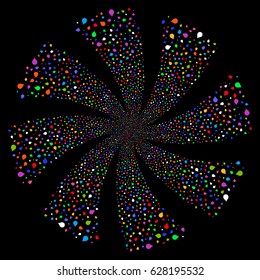 Drop fireworks swirl rotation. Vector illustration style is flat bright multicolored iconic symbols on a black background. Object twirl done from random symbols.