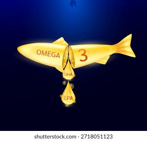 Drop fish oil DHA and EPA shining orange out of the omega 3 capsule in fish shape. For design dietary supplement products. 3D Vector.